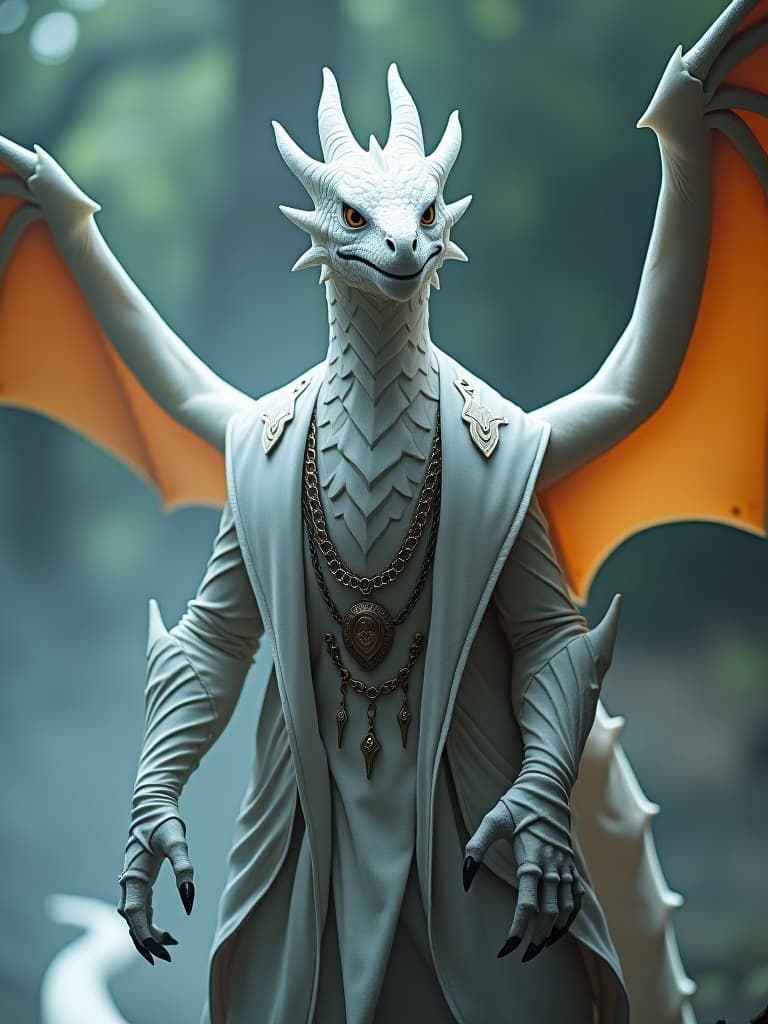  a white targaryen charizard hyperrealistic, full body, detailed clothing, highly detailed, cinematic lighting, stunningly beautiful, intricate, sharp focus, f/1. 8, 85mm, (centered image composition), (professionally color graded), ((bright soft diffused light)), volumetric fog, trending on instagram, trending on tumblr, HDR 4K, 8K