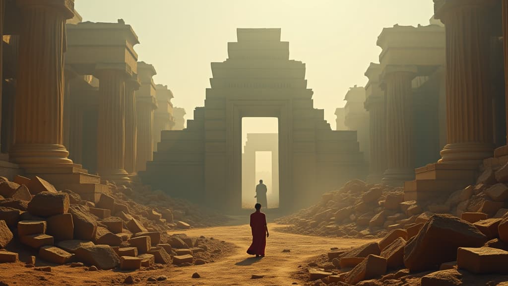  a mystical scene of the aftermath of babel's construction, with ruins and scattered bricks, symbolizing the consequences of pride and rebellion. hyperrealistic, full body, detailed clothing, highly detailed, cinematic lighting, stunningly beautiful, intricate, sharp focus, f/1. 8, 85mm, (centered image composition), (professionally color graded), ((bright soft diffused light)), volumetric fog, trending on instagram, trending on tumblr, HDR 4K, 8K