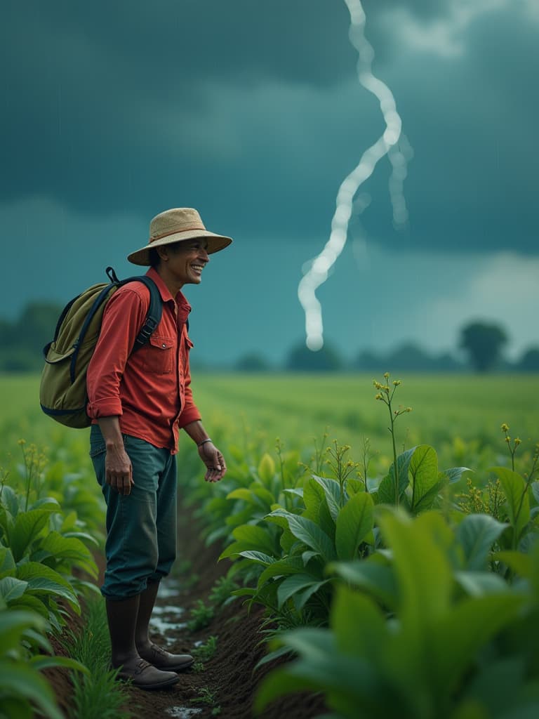  thunder storm rainday farmers working in the field, smiling and looking at their crops with hope in their eyes on 3d realistic colorfull cartoon hyperrealistic, full body, detailed clothing, highly detailed, cinematic lighting, stunningly beautiful, intricate, sharp focus, f/1. 8, 85mm, (centered image composition), (professionally color graded), ((bright soft diffused light)), volumetric fog, trending on instagram, trending on tumblr, HDR 4K, 8K