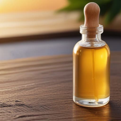 An image of a glass bottle of golden hair oil with a dropper, placed on a wooden surface, sunset lighting, detailed, realistic