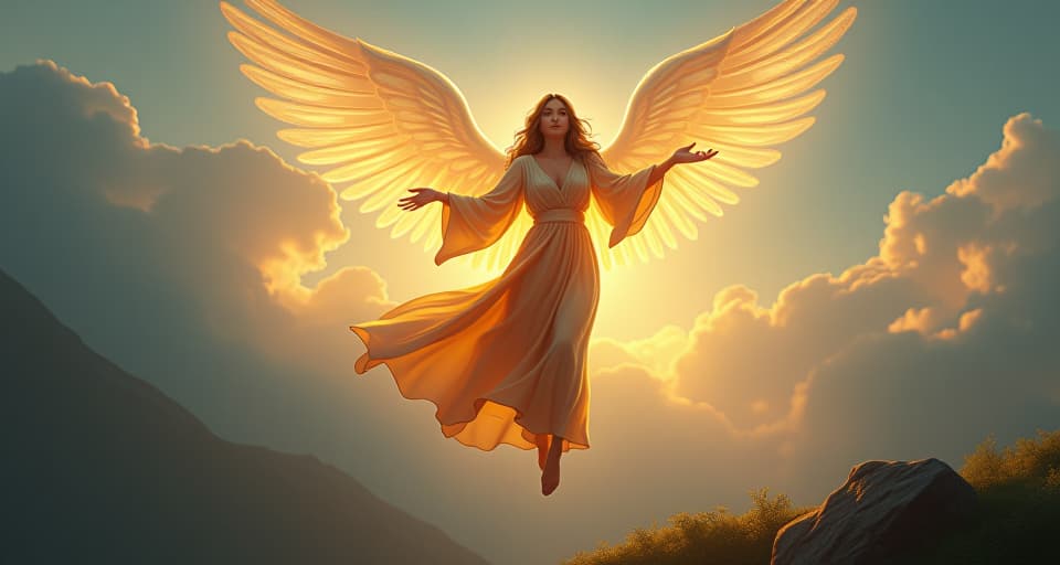  an alluring, ethereal being with flowing, glowing robes, hovering above a serene landscape, wings outstretched, impossible to ignore. inescapable presence, angelic glow, serene backdrop.. the style is digital art illustration,highly detailed, whimsical,magical, dreamlike atmosphere, realism and fantasy blend, smooth, glossy textures,luminous quality, wonder and enchantment.