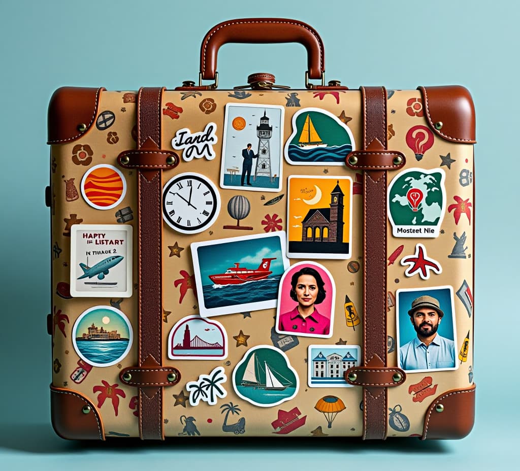  a colorful suitcase covered in travel themed stickers and decals