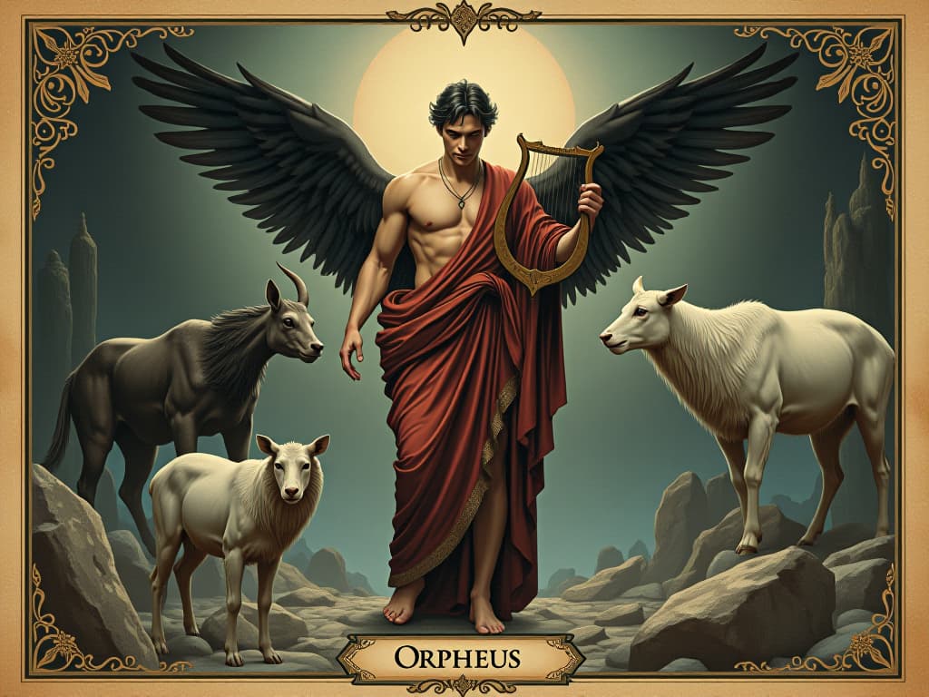  a figure reminiscent of orpheus, male in ancient greek attire, lyre in hand, surrounded by enraptured animals and stones, detailed textures, natural light, mythic, enchanting. an illustration in the style of a worn, mystical old tarot trump card, mysterious and elements of surrealism. the colors are muted, somber and eerie, but with contrast bring out an occult and esoteric vibe.