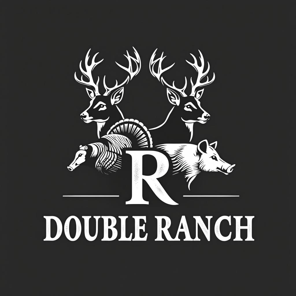  design a logo, sleek black and white logo design which incorporates a deer , a turkey and a wild hog, with 2 letter r facing back to back in the forefront. the text title is “double r ranch”