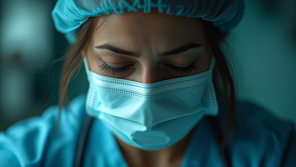  tired and depressed nurse with face mask having a burnout, high quality, high details, hd, perfect composition, 4k epic detailed, highly detailed, sharp focus, high resolution