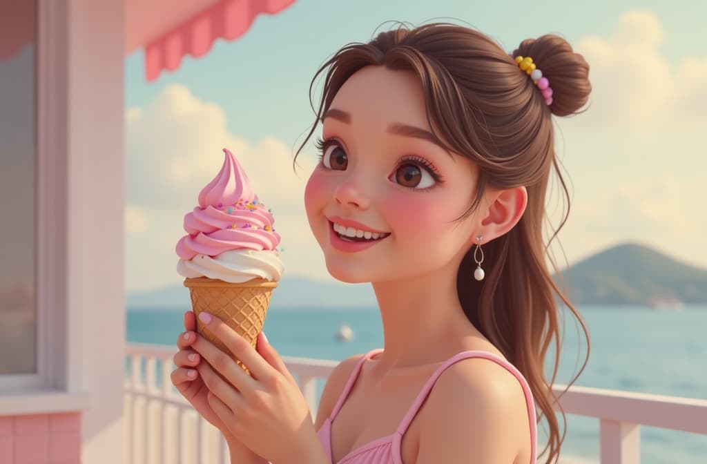  smilling holding a ice cream, pastel colors ar 3:2 {prompt}, maximum details