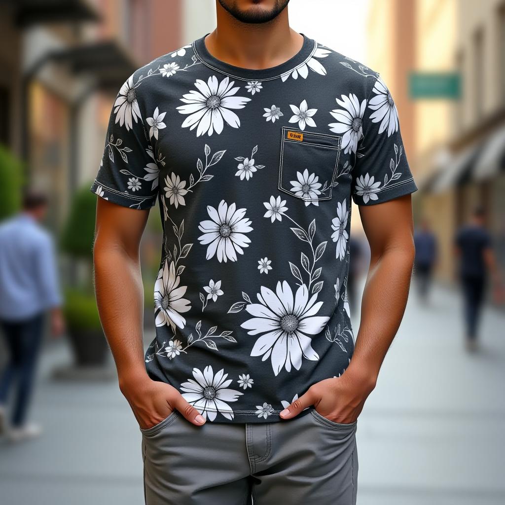  create an image of a full body man wearing a regular fit, short sleeve t shirt with a split hem in a casual scene. the t shirt is made of lightweight terry cloth, features a floral design in black and white, and has an envelope neck with a pocket. the shirt is textured with a pleated finish and includes a branded patch logo.