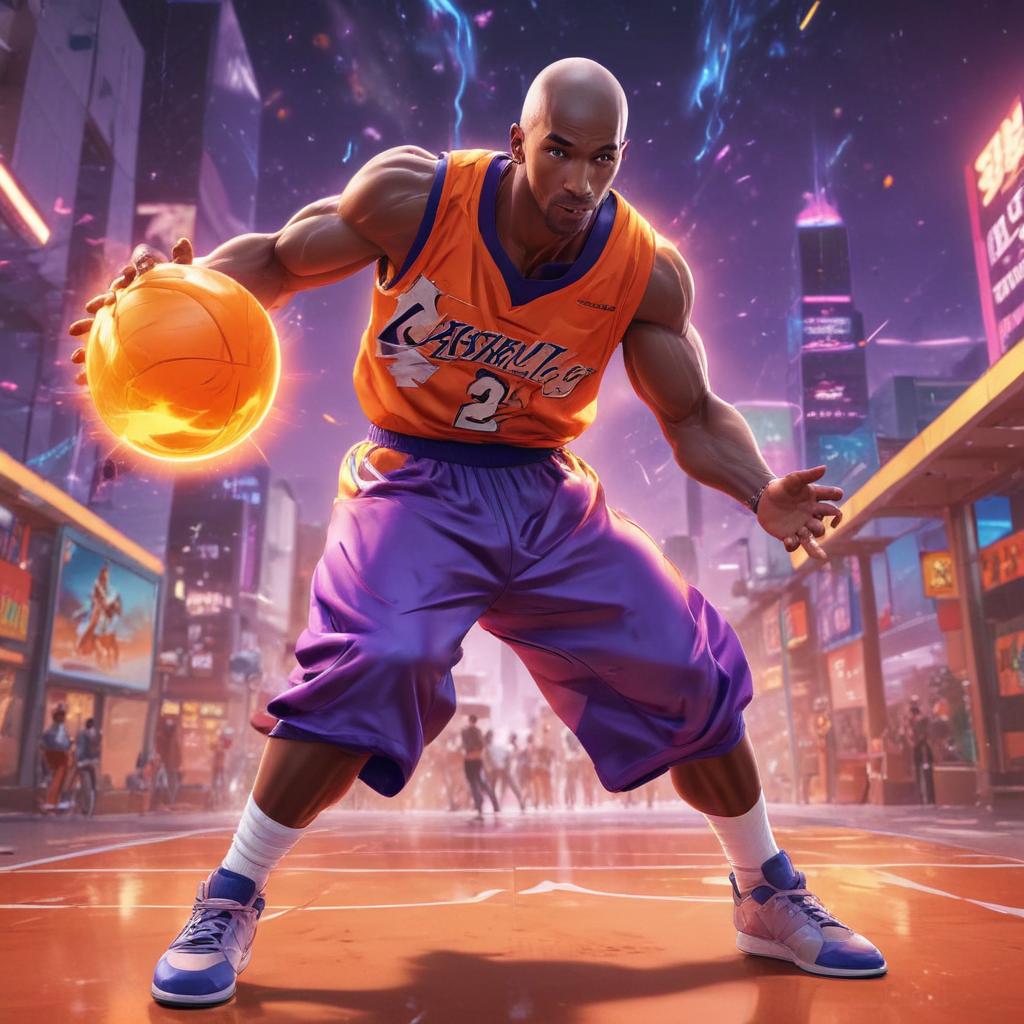 distance-shot, flashy, full-body, dynamic, holographic, animated cartoon poster of kobe scene in the style of dragon ball super