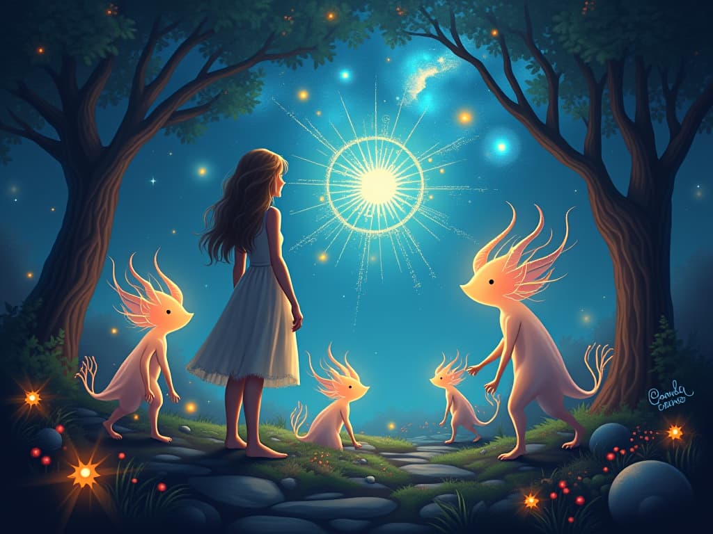  mystic in harmony with universe, glowing celestial patterns and ethereal beings surrounding them in a luminous forest setting.. the style is digital art illustration,highly detailed, whimsical,magical, dreamlike atmosphere, realism and fantasy blend, smooth, glossy textures,luminous quality, wonder and enchantment.