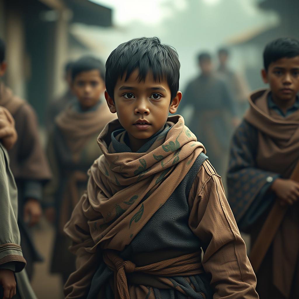  un groupe de jeune garçons qui sont attachés et tirés de force comme des esclaves dans un village, résolution 8k, style realiste, angle cinématique, format 16:9 hyperrealistic, full body, detailed clothing, highly detailed, cinematic lighting, stunningly beautiful, intricate, sharp focus, f/1. 8, 85mm, (centered image composition), (professionally color graded), ((bright soft diffused light)), volumetric fog, trending on instagram, trending on tumblr, HDR 4K, 8K