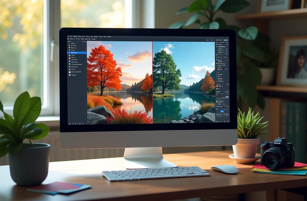  "create a vibrant and dynamic digital workspace scene, featuring a computer screen displaying an image editing software interface. the screen shows a before and after comparison of a nature landscape, with the 'before' image appearing dull and pixelated, and the 'after' image bursting with vivid colors and fine details. surround the workspace with tools like a high resolution camera, color palettes, and digital editing tools. include soft, natural lighting coming from a window that enhances the atmosphere of creativity and innovation." hyperrealistic, full body, detailed clothing, highly detailed, cinematic lighting, stunningly beautiful, intricate, sharp focus, f/1. 8, 85mm, (centered image composition), (professionally color graded), ((bright soft diffused light)), volumetric fog, trending on instagram, trending on tumblr, HDR 4K, 8K