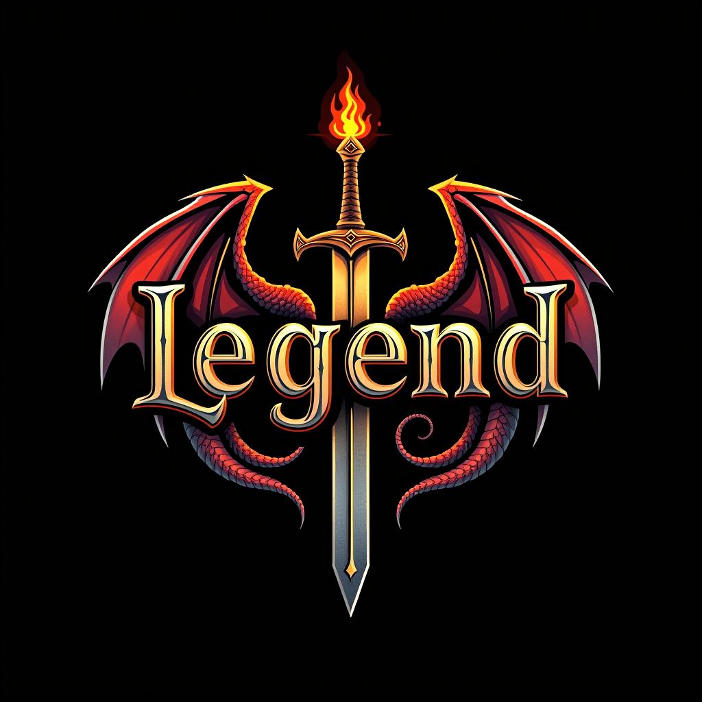  design a logo, custom sticker design on an isolated black background with the words ‘legend’ in bold font decorated by mythical dragons and a flaming sword