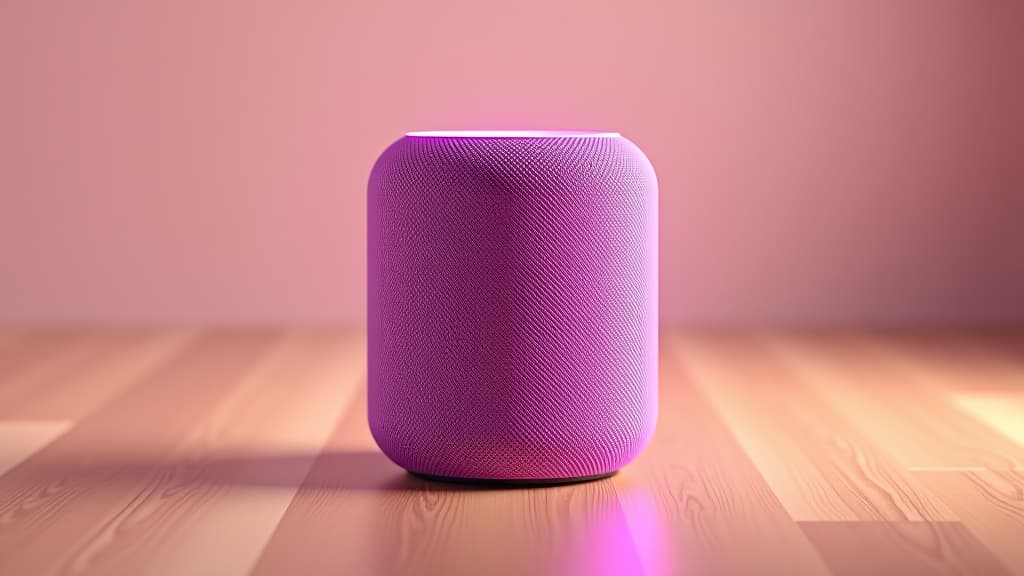  3d render of a pink and purple smart speaker on a wooden floor