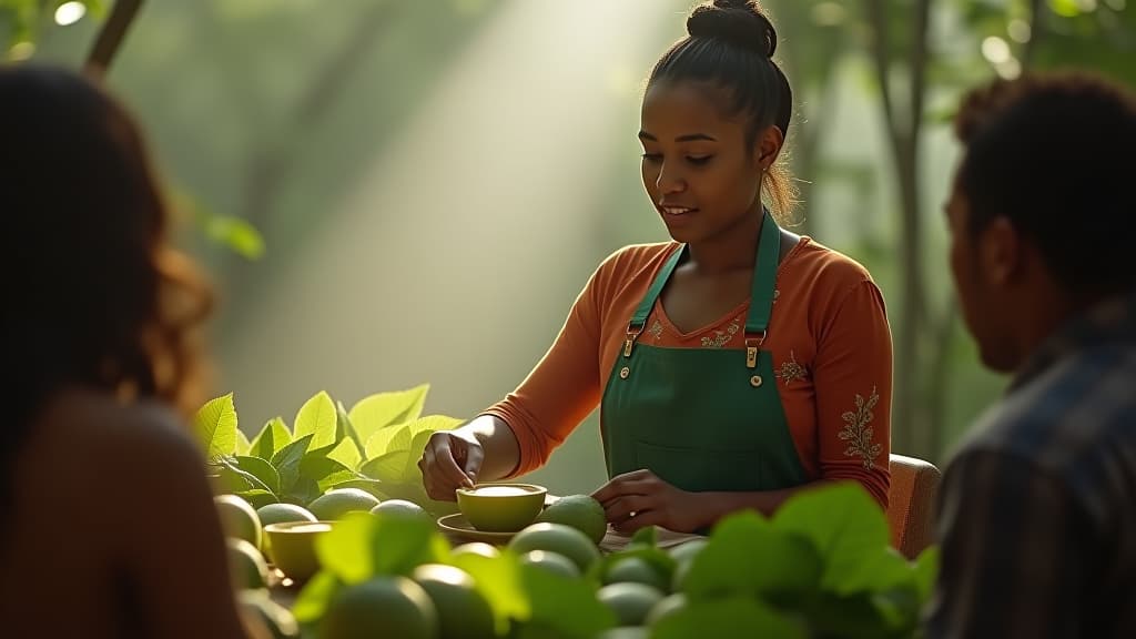  scenes about health and fitness, an engaging scene at a community workshop teaching people how to prepare guava leaf tea and share its benefits. hyperrealistic, full body, detailed clothing, highly detailed, cinematic lighting, stunningly beautiful, intricate, sharp focus, f/1. 8, 85mm, (centered image composition), (professionally color graded), ((bright soft diffused light)), volumetric fog, trending on instagram, trending on tumblr, HDR 4K, 8K