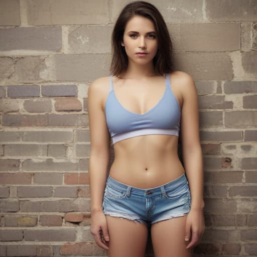 40ddd woman in low cut tank top and hot pants with Old Wall background