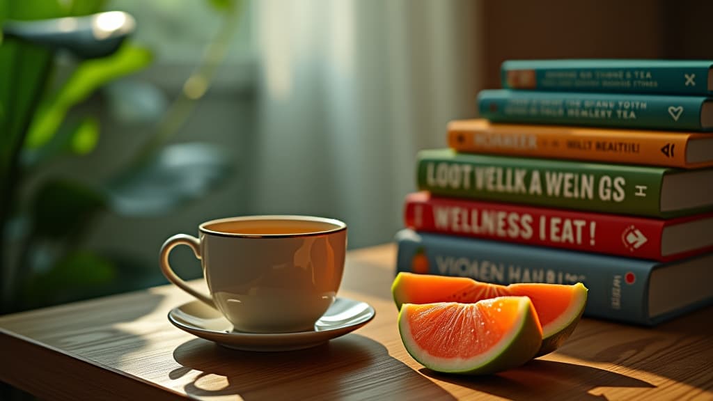  scenes about health and fitness, an inviting cup of guava leaf tea beside a collection of vibrant wellness books, encouraging healthy habits and knowledge. hyperrealistic, full body, detailed clothing, highly detailed, cinematic lighting, stunningly beautiful, intricate, sharp focus, f/1. 8, 85mm, (centered image composition), (professionally color graded), ((bright soft diffused light)), volumetric fog, trending on instagram, trending on tumblr, HDR 4K, 8K