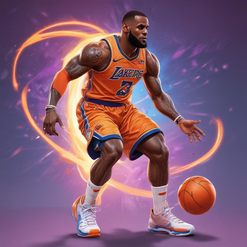 distance-shot, flashy, full-body, dynamic, holographic, animated cartoon poster of lebron james in the style of dragon ball super