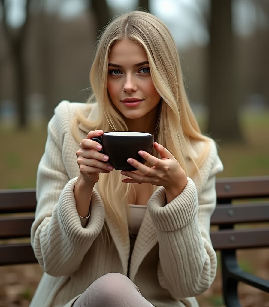  epic foto, very beautiful russian girl, blonde, sits on a bench in the park, drinks puer tea from a bowl, cartons small box with an inscription, text on box [drawing text] (with text “tea875"), hyper realistic, 4k