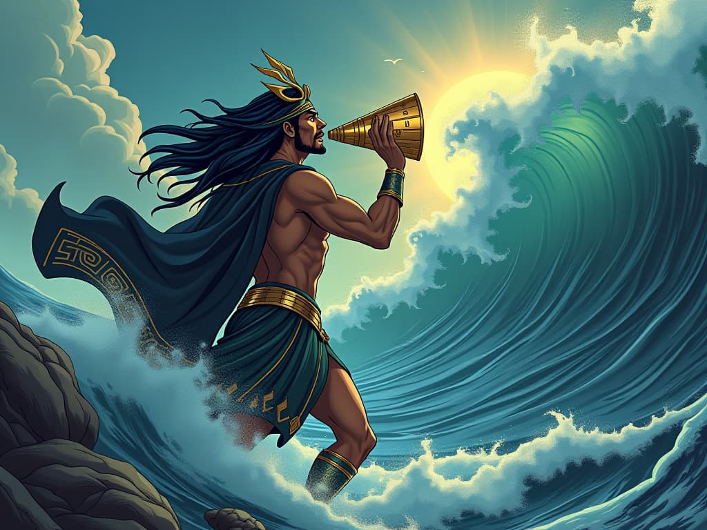  triton blowing his conch shell, calming immense oceanic storms, the sea transforming from wild waves to calm waters, a display of his power and control. the style is digital art illustration / modern comic book / mysterious occult, symbolic, esoteric vibe,high detail on character design, incorporating ancient egyptian symbology and attire.