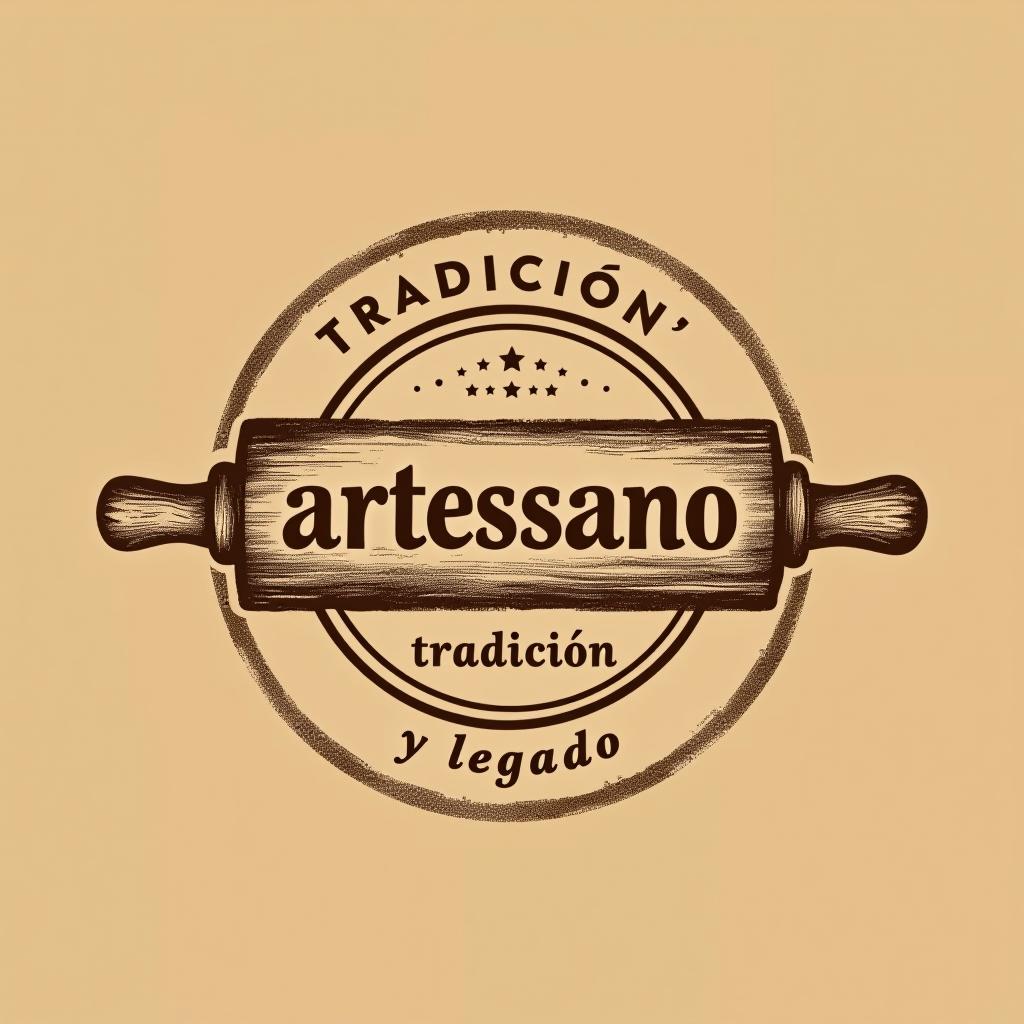  design a logo, in a pencil style. simple and elegant design circular design light and brown tones use a rolling pin image put the word “artessano” inside the image of the rolling pin, with the text 'tradición y legado'.