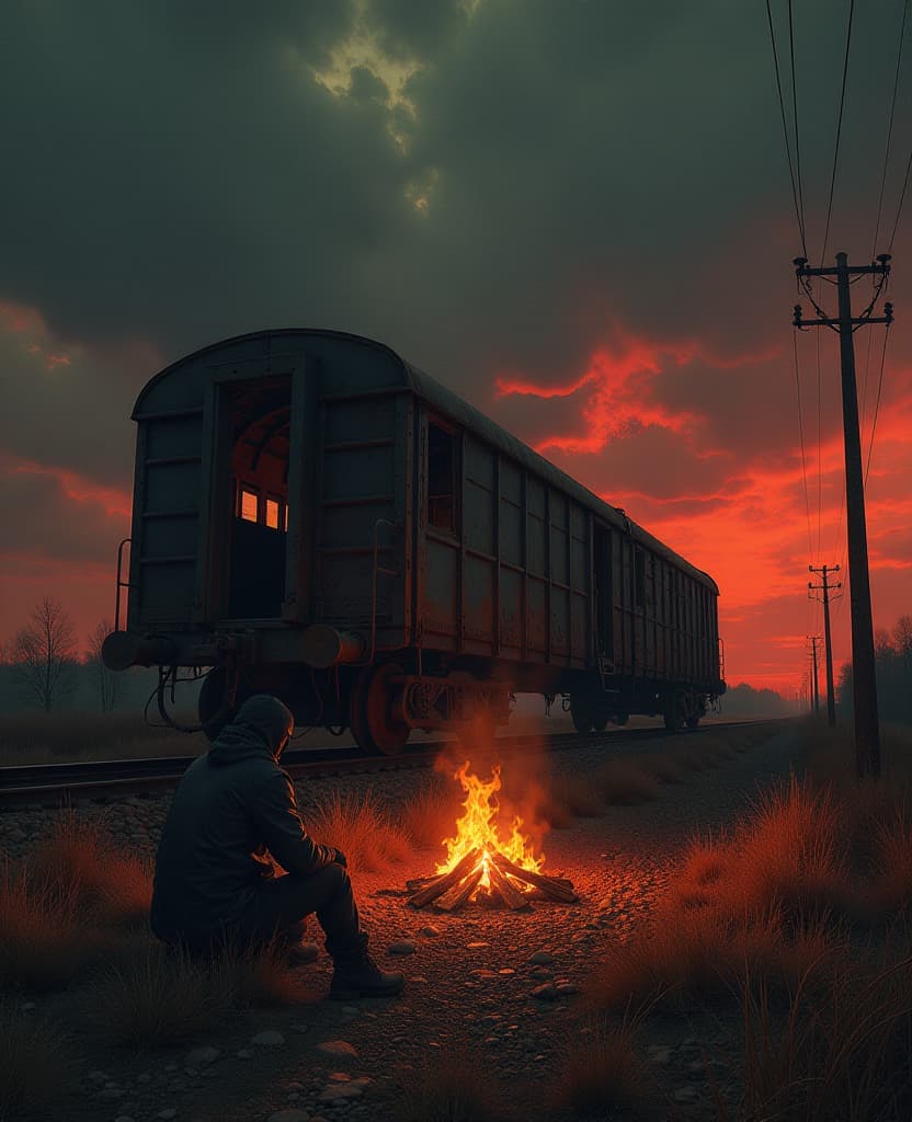  gothic style post apocalypse. warm tones. oil painting. stalkers sitting near campfire near ruined railway, remains of waggon, tonnel, powerlines, rust, night. sovietwave. rusty warm red tones. 4k. realistic. detailed texture. high quality. zdislaw beksinski chris moore john berkey style. fine oil art. grunge style. surrealism, fantasy, abstract. oblivion dark ambient immersive horror atmosphere. hyperdetalization. . dark, mysterious, haunting, dramatic, ornate, detailed