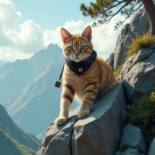  in a breathtaking landscape, hemule, the anthropomorphic light brown tabby cat with fierce green eyes and impeccable style, is depicted climbing a rugged rocky mountain. the scene is set against a backdrop of majestic trees swaying in the wind, with a vast sky adorned by fluffy clouds stretching above. each rock is intricately textured, every tree branch delicately rendered, and the play of light and shadow on hemule's fur is meticulously captured. the atmosphere conveys a sense of adventure and determination, with a touch of wild beauty and untamed spirit. the image balances the raw power of nature with the refined elegance of the rebellious feline, blurring the boundaries between the natural world and the artistry of the portrayal. hyperrealistic, full body, detailed clothing, highly detailed, cinematic lighting, stunningly beautiful, intricate, sharp focus, f/1. 8, 85mm, (centered image composition), (professionally color graded), ((bright soft diffused light)), volumetric fog, trending on instagram, trending on tumblr, HDR 4K, 8K