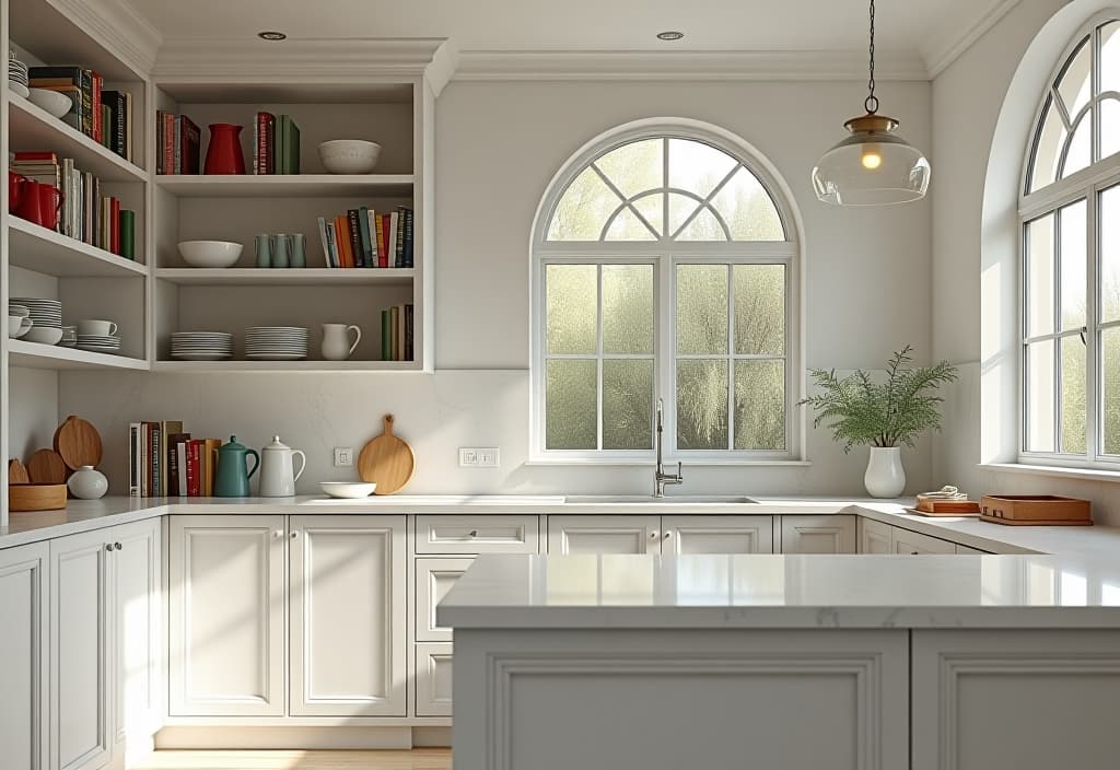  a landscape photo of a white kitchen with open shelving displaying colorful dishes and cookbooks, a marble countertop, and a large arched window, viewed from a slightly elevated angle hyperrealistic, full body, detailed clothing, highly detailed, cinematic lighting, stunningly beautiful, intricate, sharp focus, f/1. 8, 85mm, (centered image composition), (professionally color graded), ((bright soft diffused light)), volumetric fog, trending on instagram, trending on tumblr, HDR 4K, 8K