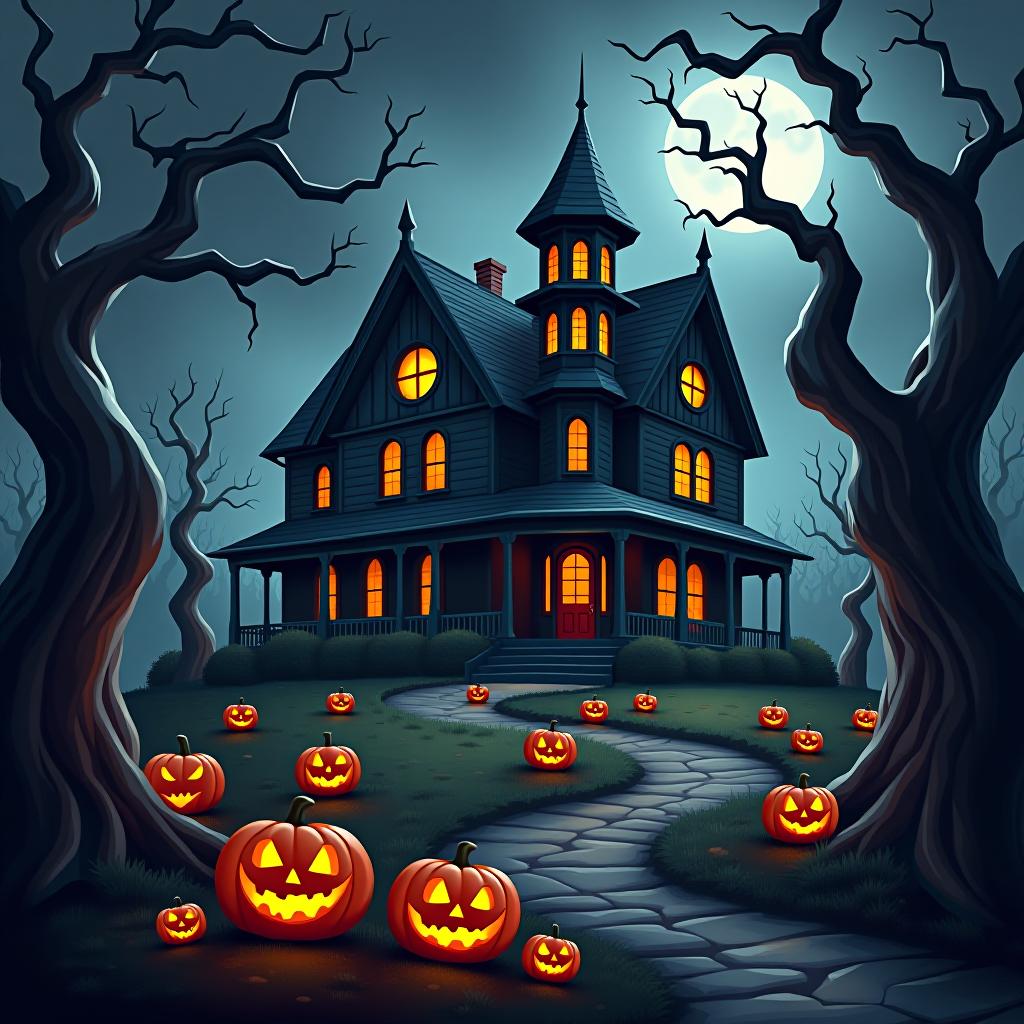  create a seamless digital painting of a spooky, halloween themed scene featuring a haunted house with gothic architecture. the house should be surrounded by twisted, gnarled trees and a multitude of jack o' lanterns. the scene should include a dark, cloudy sky to enhance the eerie atmosphere. the overall style should be detailed and atmospheric, capturing the essence of a haunted, creepy environment perfect for halloween, ensuring the design is seamless for use in repeating patterns or wraps.