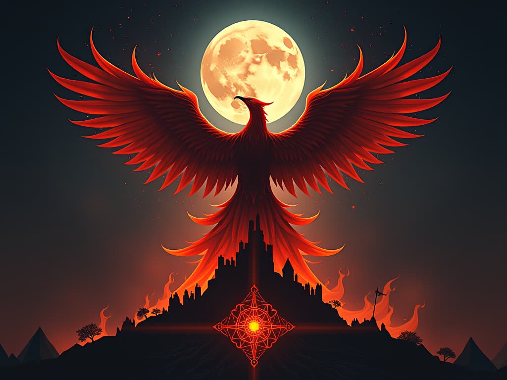  a majestic phoenix rising from ashes, surrounded by symbols of rebirth and renewal, night sky illuminated by a full moon, echoes of transformation.. the style is dark fantasy and mysterious occult, symbolic, moody lighting, esoteric vibe,high detail on character design. for the color scheme emphasize blacks and reds.