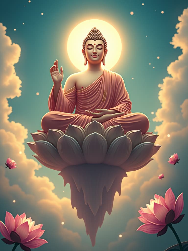  buddha floating in celestial sky, traditional attire, serene expression, halo of light, lotus flowers, ethereal setting, surrealistic art style, detailed elements, eastern mythology influence, art station inspiration, soft lighting, overhead view, 4k resolution, highly detailed illustration, ee 70mm lens