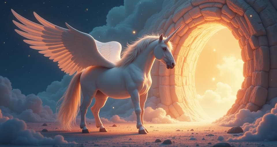  a majestic unicorn with ethereal wings standing beside a glowing portal. mystic aura, radiating courage, shimmering prospects.. the style is digital art illustration,highly detailed, whimsical,magical, dreamlike atmosphere, realism and fantasy blend, smooth, glossy textures,luminous quality, wonder and enchantment.