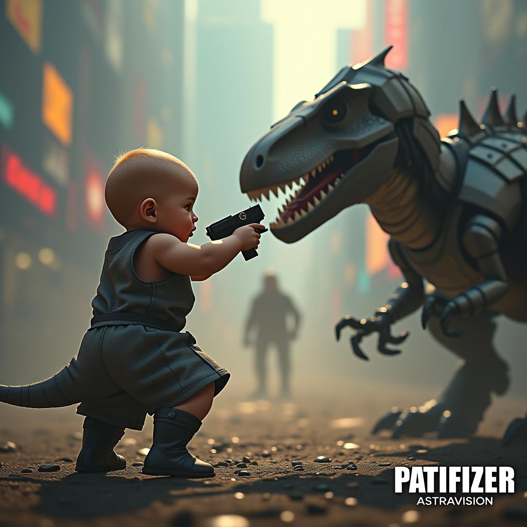  an ode to pop culture, 'pacifiser,' showcasing a muscle bound baby with cyber armaments challenging a robot dinosaur. the fusion of humor, fantasy, and cinematic design creates a compelling parody poster. small text 'astravision' at bottom right corner. hyperrealistic, full body, detailed clothing, highly detailed, cinematic lighting, stunningly beautiful, intricate, sharp focus, f/1. 8, 85mm, (centered image composition), (professionally color graded), ((bright soft diffused light)), volumetric fog, trending on instagram, trending on tumblr, HDR 4K, 8K