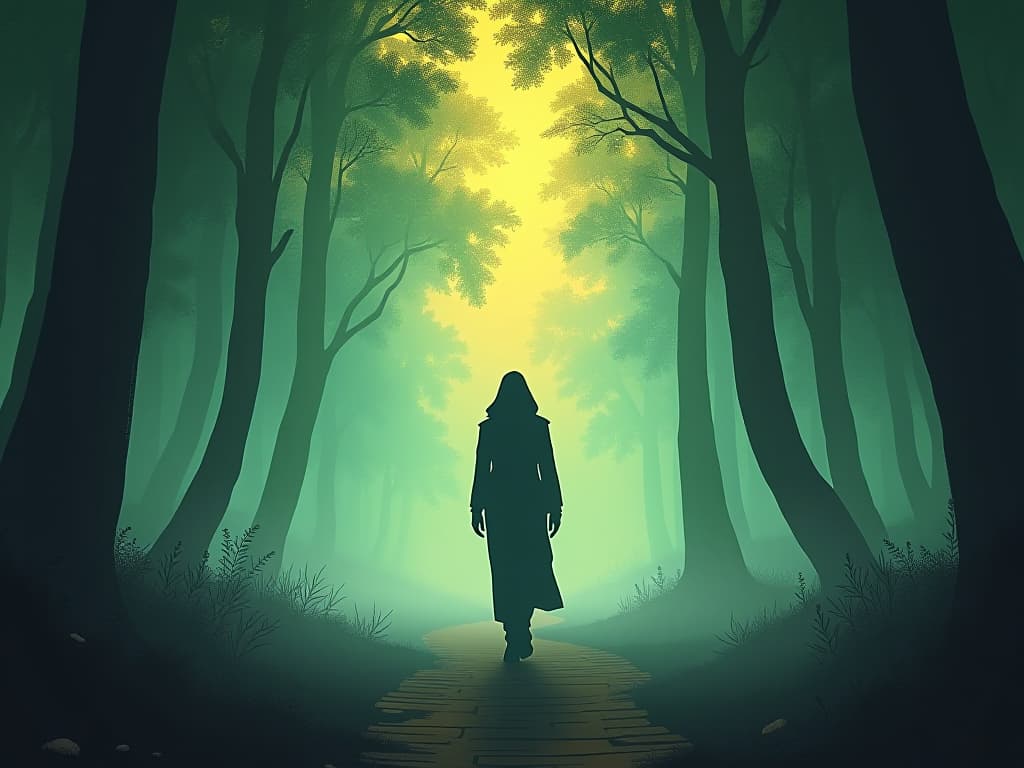  solitary figure walking through a misty, enchanted forest, ethereal light filtering through trees, inviting contemplation and connection with nature. the style is digital art illustration / modern comic book / mysterious occult, symbolic, esoteric vibe,high detail on character design, incorporating ancient egyptian symbology and attire.