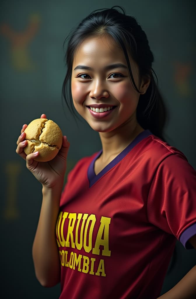  pou con una camisa colombiana y pandebono en la mano hyperrealistic, full body, detailed clothing, highly detailed, cinematic lighting, stunningly beautiful, intricate, sharp focus, f/1. 8, 85mm, (centered image composition), (professionally color graded), ((bright soft diffused light)), volumetric fog, trending on instagram, trending on tumblr, HDR 4K, 8K