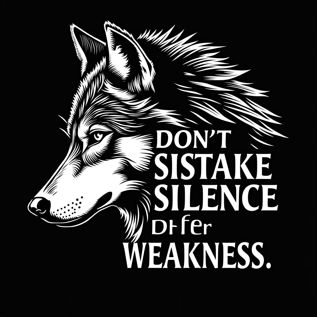  a captivating black and white line art illustration features a wolf in a fierce profile, with one piercing eye gazing intensely from the darkness. the wolf's mane seamlessly blends into the solid black background, creating a sense of mystery and enigma. in contrast, the other half of the design boldly displays striking text in a modern font, proclaiming 'don't mistake silence for weakness' this bold and elegant t shirt design print conveys a powerful message of inner strength, resilience, and the idea that true power can be found in quiet determination.