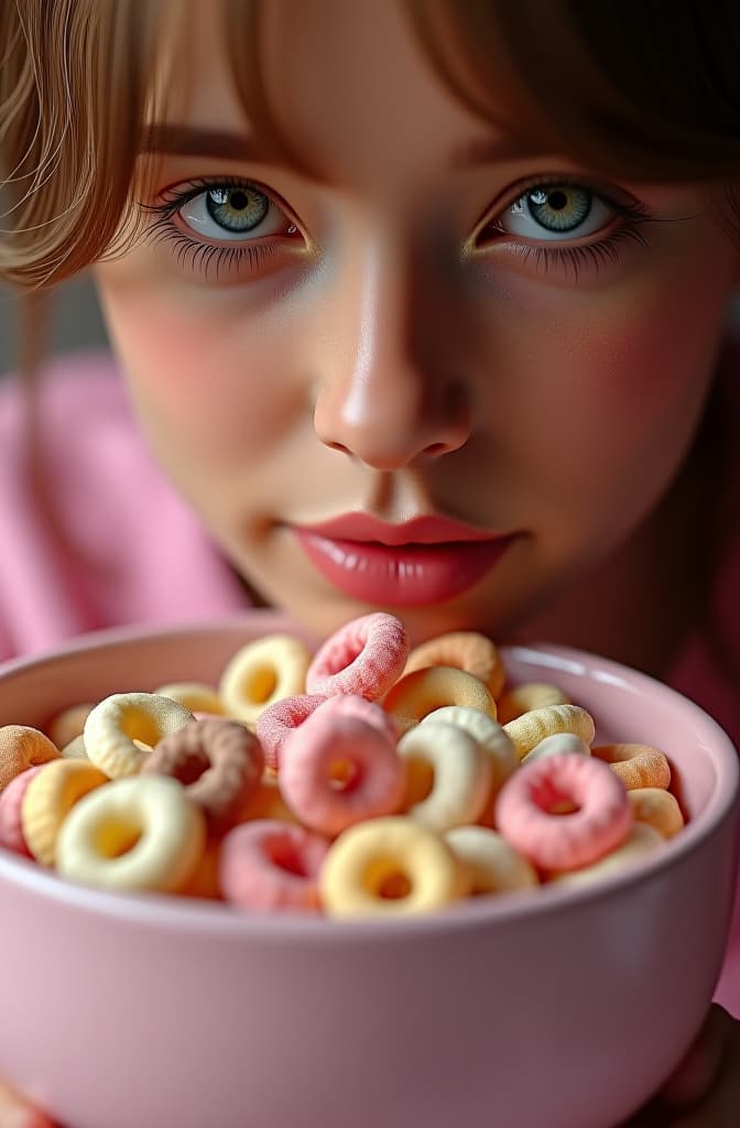  a colorful bowl of footloop type cereals in pink, chocolate, and vanilla colors, with some loops spilled around the bowl with no blur, realistic fantasy d & d character, closeup portrait art by donato giancola and greg rutkowski, realistic face, digital art, trending on artstation hyperrealistic, full body, detailed clothing, highly detailed, cinematic lighting, stunningly beautiful, intricate, sharp focus, f/1. 8, 85mm, (centered image composition), (professionally color graded), ((bright soft diffused light)), volumetric fog, trending on instagram, trending on tumblr, HDR 4K, 8K