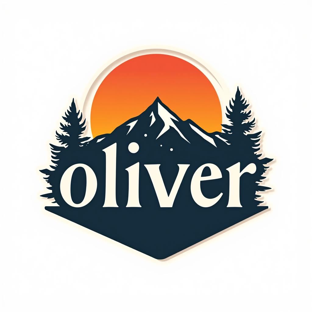  design a logo, custom sticker design on an isolated white background with the bold words ‘oliver’ with a backdrop of a mountain range, and silhouettes of pine trees at sunset