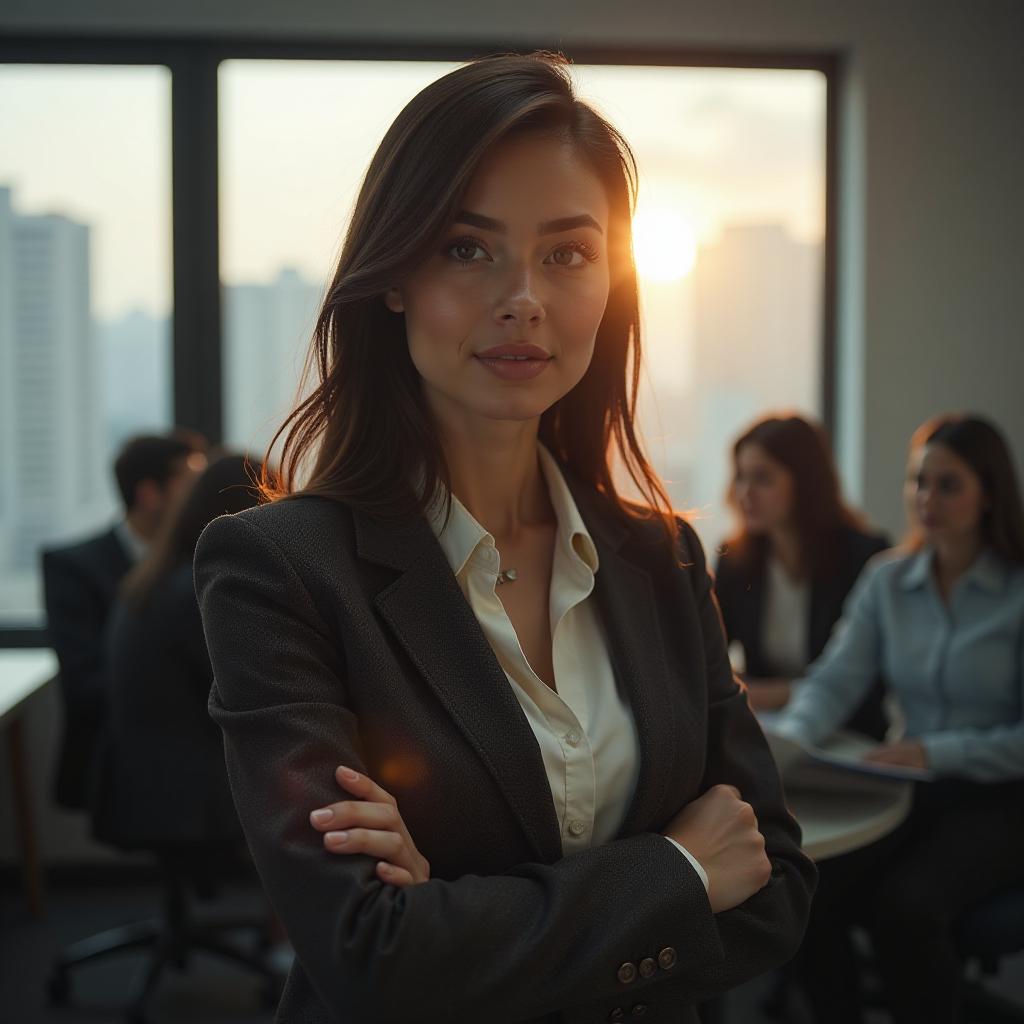  a brunette girl starts working in a network marketing business and holds a presentation in the office for people. hyperrealistic, full body, detailed clothing, highly detailed, cinematic lighting, stunningly beautiful, intricate, sharp focus, f/1. 8, 85mm, (centered image composition), (professionally color graded), ((bright soft diffused light)), volumetric fog, trending on instagram, trending on tumblr, HDR 4K, 8K