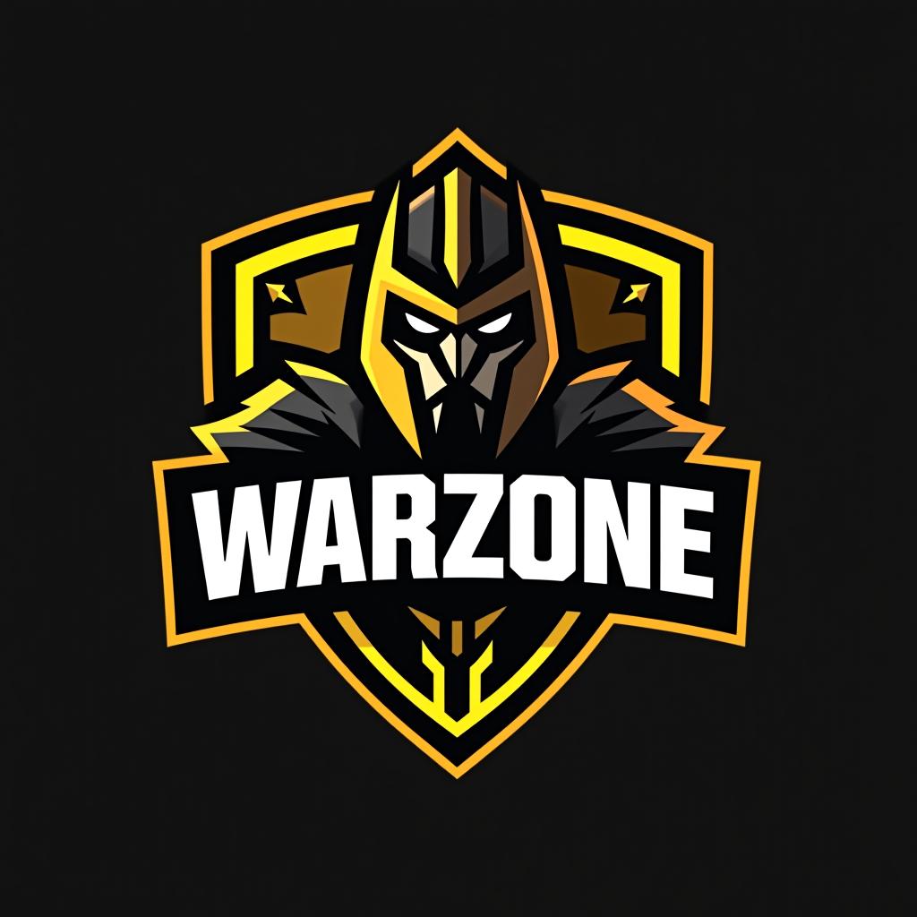  logo, esports logo, warrior theme, with text ‘warzone’, black and yellow color