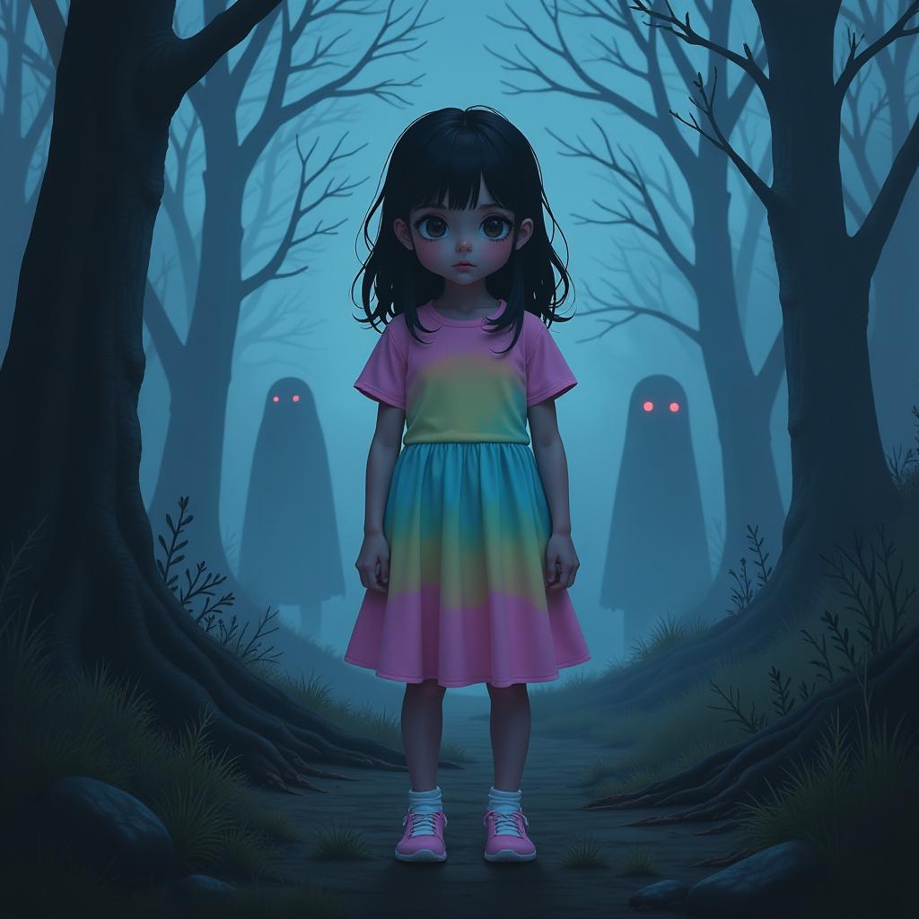  a black haired girl stands amidst a faintly illuminated, eerie landscape. she wears a pastel rainbow outfit that contrasts with the unsettling atmosphere. dark shadows loom around her, and ghostly figures lurk in the background. the colors of her outfit, soft and cheerful, sharply juxtapose the creepy elements, creating an unsettling yet captivating scene.