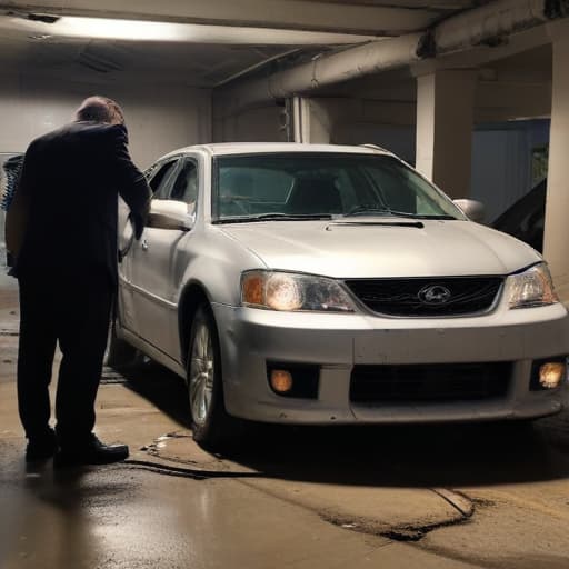 A photo of a car accident attorney meticulously examining a damaged vehicle in a dimly lit underground parking lot during the late evening, illuminated by the eerie glow of flickering overhead fluorescent lights.