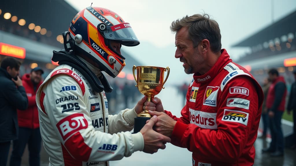  prompt: create a hyper realistic image capturing the intense emotions between mirko bortolotti and kelvin van der linde in the world of dtm racing. show a dramatic scene behind the scenes of the dtm spectacle in spielberg, featuring bortolotti triumphantly holding a trophy while van der linde, visibly upset, confronts him. include elements like race cars, team logos (abt audi and lamborghini), rain soaked track, and intense facial expressions to convey the rivalry and tension between the two dri