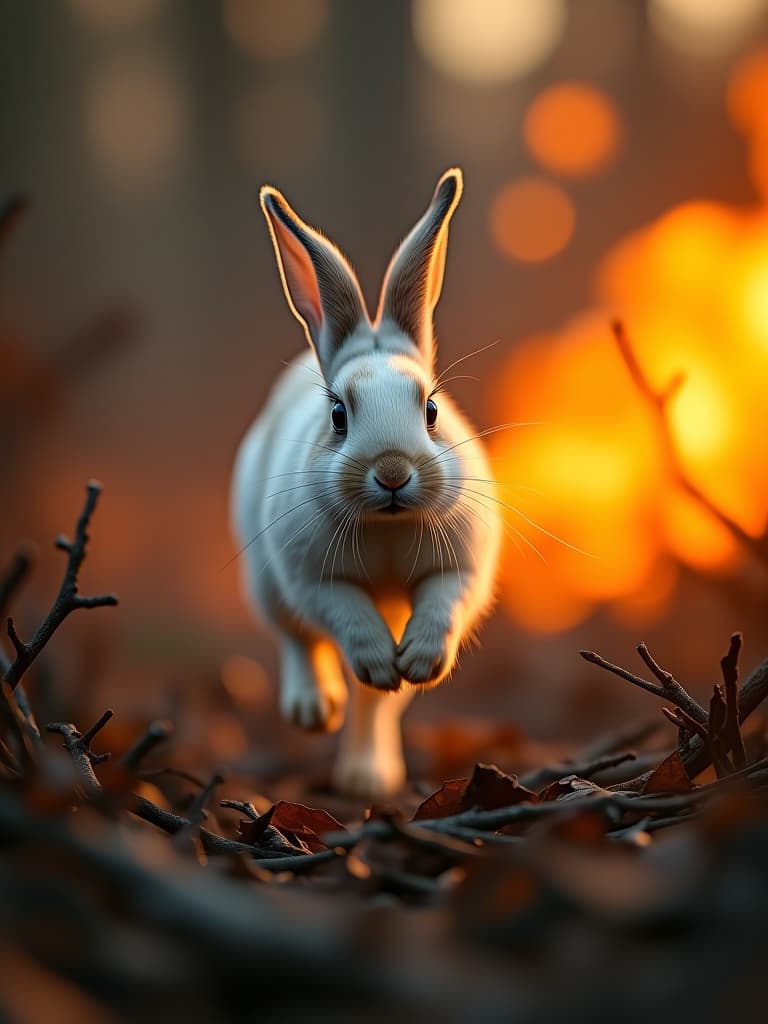  the rabbit quickly runs, leaping over fallen branches and burning bushes. in the frame, its nimble figure darts through the flames, with the fire reflecting off its white fur, photo realistic, highly intricate and detailed, masterpiece, ultra high res,photography,8k resolution