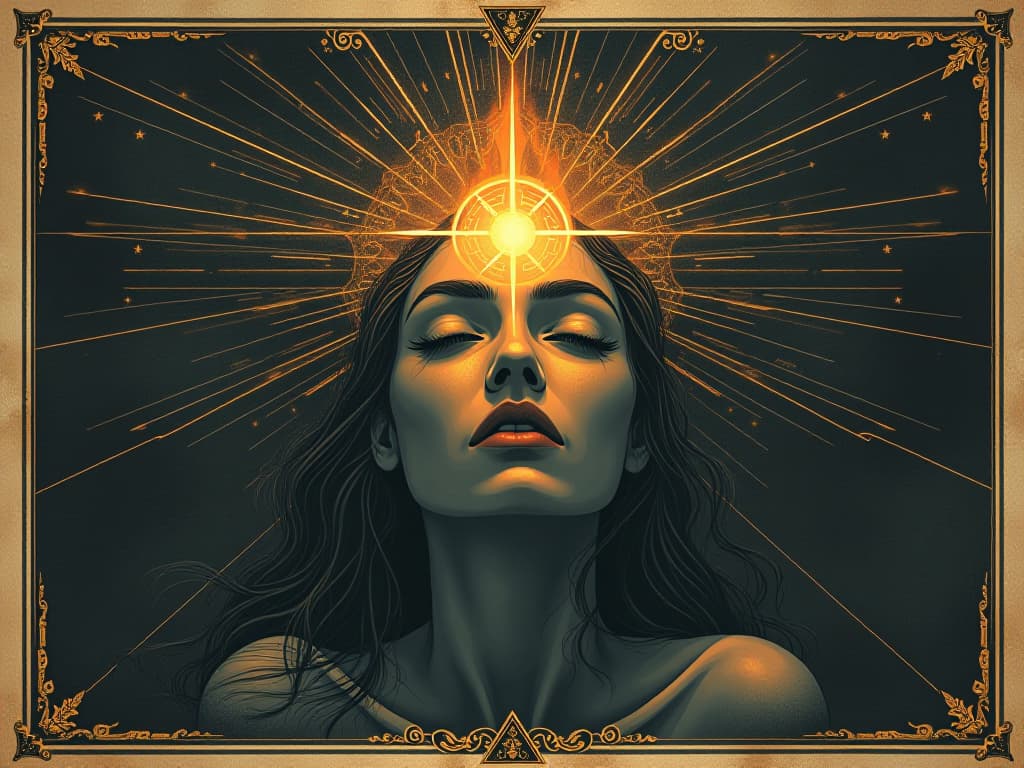  dream burning bright, faces aglow with clarity, piercing light of vision, illuminated clarity and renewal, radiant transformation. an illustration in the style of a worn, mystical old tarot trump card, mysterious and elements of surrealism. the colors are muted, somber and eerie, but with contrast bring out an occult and esoteric vibe.