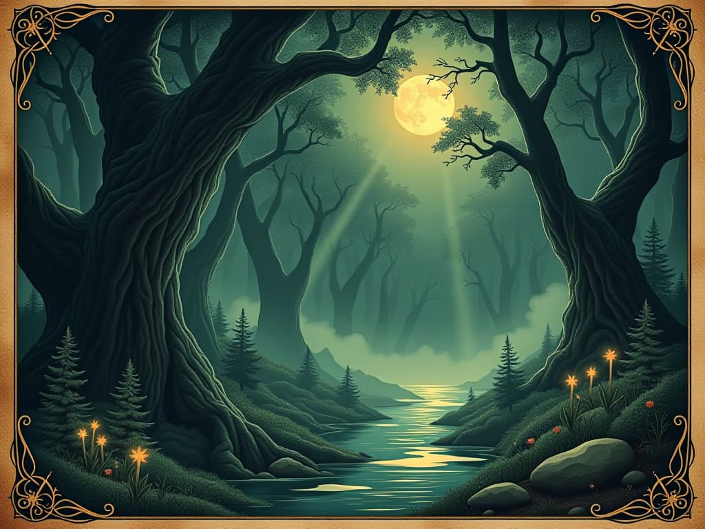  a lush forest with moonlight streaming through trees, ethereal mist hovering, mystical glowing waters, ancient flora, enchanted atmosphere. an illustration in the style of a worn, mystical old tarot trump card, mysterious and elements of surrealism. the colors are muted, somber and eerie, but with contrast bring out an occult and esoteric vibe.