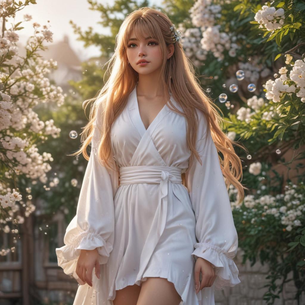 ((masterpiece)),(((best quality))), 8k, high detailed, ultra detailed, A beautiful in a shonen manga style, full body, in a , (long flowing hair), (bubbles surrounding her), (soft lighting), (flowers in the background) hyperrealistic, full body, detailed clothing, highly detailed, cinematic lighting, stunningly beautiful, intricate, sharp focus, f/1. 8, 85mm, (centered image composition), (professionally color graded), ((bright soft diffused light)), volumetric fog, trending on instagram, trending on tumblr, HDR 4K, 8K