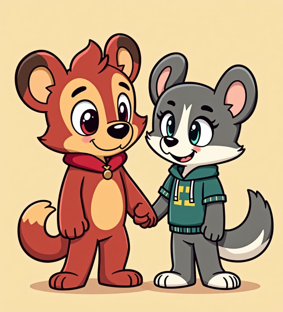  can you draw tem and riz holding hands. these are characters from the show beasters.