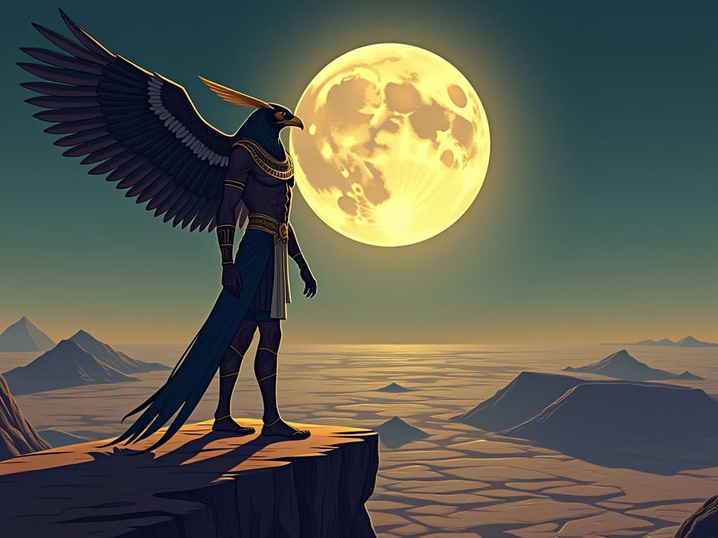  falcon headed horus with a radiant ankh, standing at the edge of a cliff under full moonlight, overlooking expanding horizons, symbolically urging to seize opportunities. the style is digital art illustration / modern comic book / mysterious occult, symbolic, esoteric vibe,high detail on character design, incorporating ancient egyptian symbology and attire.