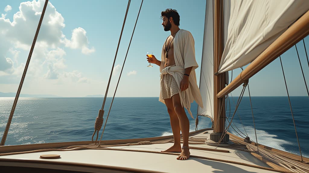  renaissance style a full length young man in shorts and a white loose shirt stands on a yacht with a cocktail in his hands on a sunny summer day . realistic, perspective, light and shadow, religious or mythological themes, highly detailed