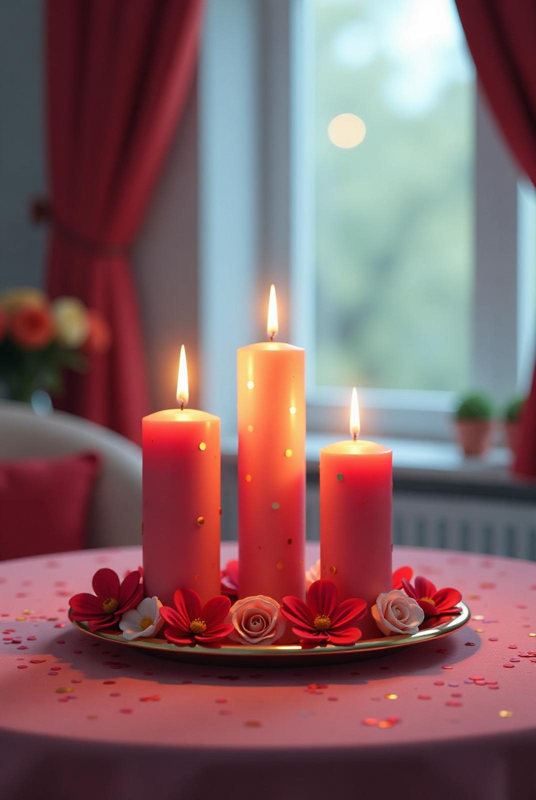  create a 3d image on a beautifull decorated four candles burning on a table inside a beautifull room and colourfull hd. 4k as 3d pixar realistic style